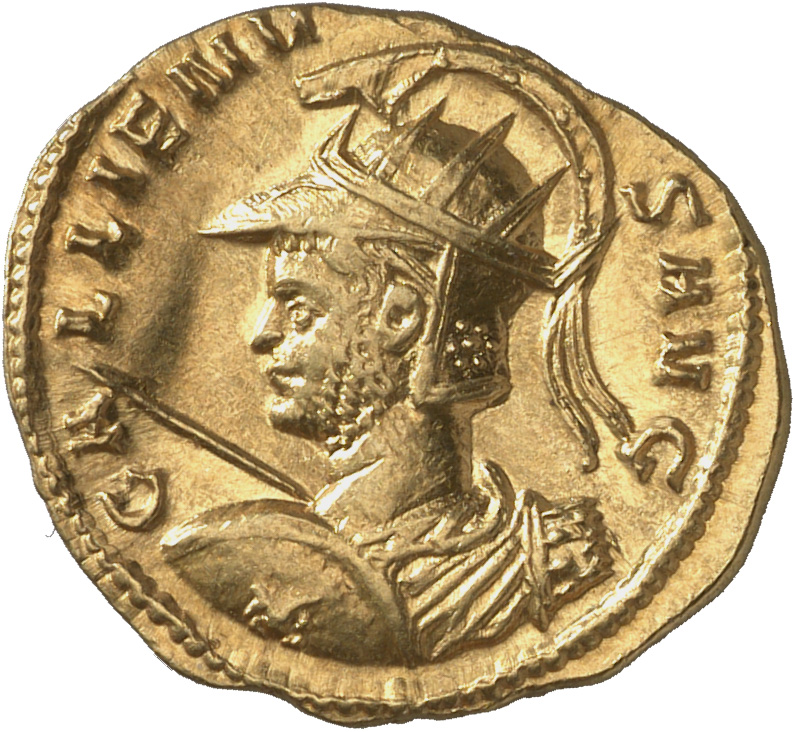 RIC V Gallienus 91 Gallienus obverse, Drapierte Panzerbüste des Gallienus mit Helm und Strahlenkrone, mit der verdeckten r...