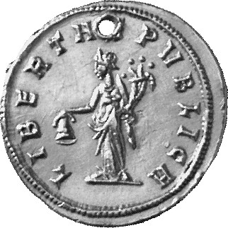RIC V Sabinus Julianus 1 Sabinus Julianus reverse, Libertas, draped, standing left, holding pileus in right hand and cornu...
