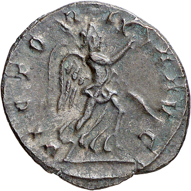 RIC V Laelianus 9 Laelianus reverse, Victory, winged, draped, running right, holding wreath in right hand and palm in left...