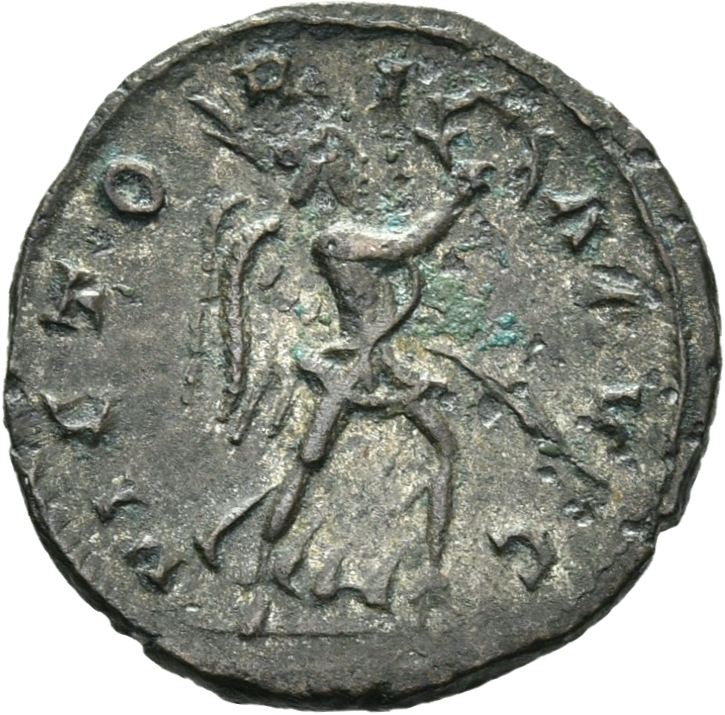 RIC V Laelianus 9 Laelianus reverse — Victory, winged, draped, running right, holding wreath in right hand and palm in lef...