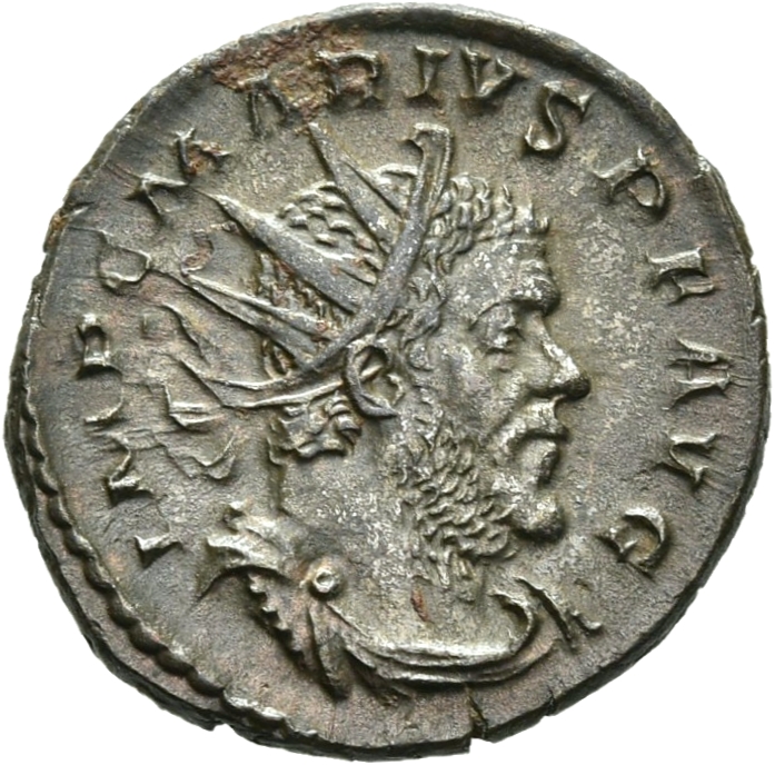 RIC V Marius 10 Marius obverse — Bust of Marius, radiate, draped, cuirassed, right, or bust of Marius, radiate, cuirassed,...