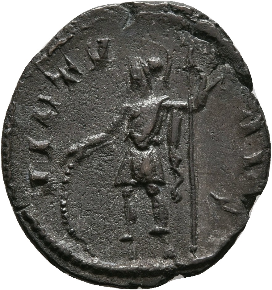 RIC V Marius 19 Marius reverse, Soldier, draped, cuirassed, standing left, leaning on shield with right hand and holding s...