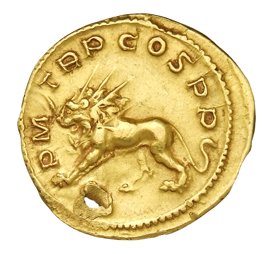 RIC V Postumus 1 Postumus reverse, Lion, radiate, walking left, holding thunderbolt in its mouth