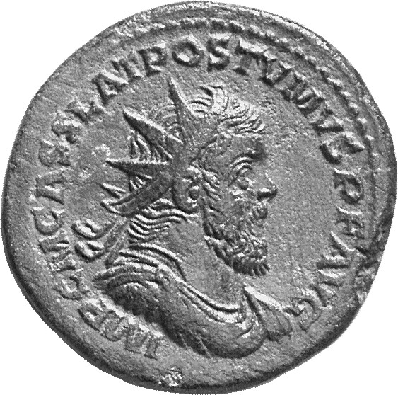 RIC V Postumus 157 Postumus obverse, Bust of Postumus, radiate, draped, right, or bust of Postumus, radiate, draped, cuira...