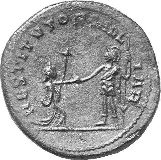 RIC V Postumus 157 Postumus reverse, Postumus, draped, cuirassed, standing left, holding spear in right hand and raising k...