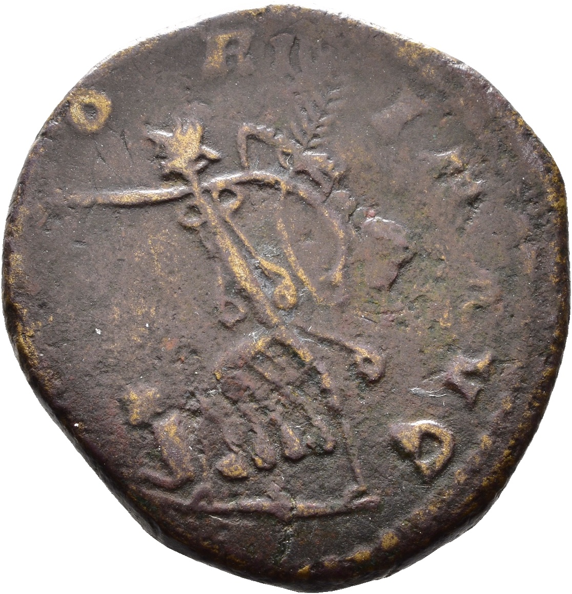 RIC V Postumus 169 Postumus reverse — Victory, winged, draped, walking left, holding wreath in right hand and palm in left...