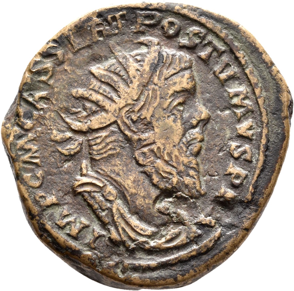 RIC V Postumus 179 Postumus obverse, Bust of Postumus, radiate, draped, right, or bust of Postumus, radiate, draped, cuira...