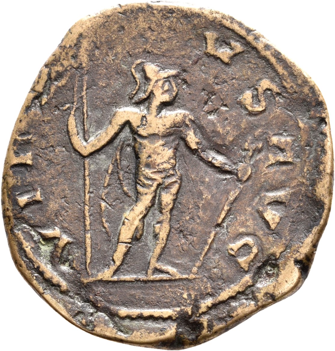 RIC V Postumus 179 Postumus reverse, Mars, standing right, holding spear in right hand and leaning on shield with left hand