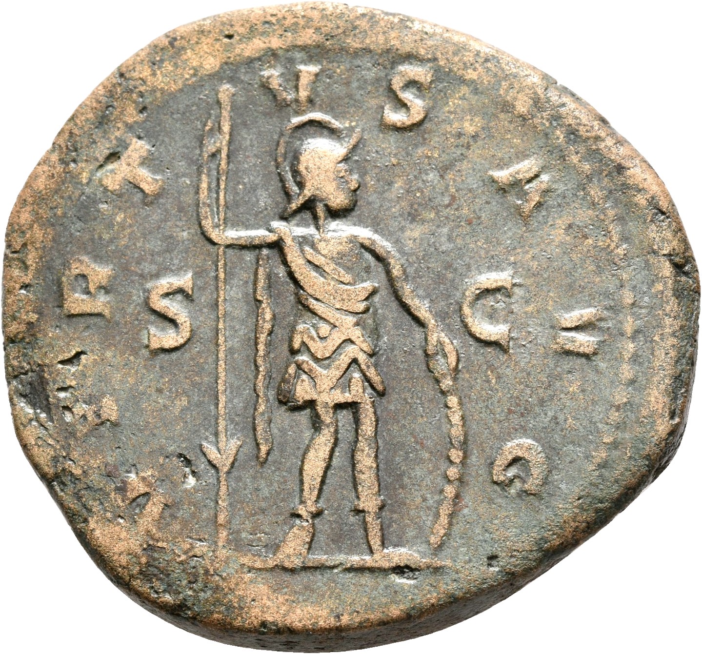RIC V Postumus 180 Postumus reverse — Mars, standing right, holding spear in right hand and leaning on shield with left hand