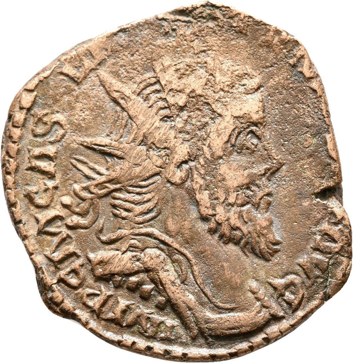 RIC V Postumus 207 Postumus obverse — Bust of Postumus, radiate, draped, right, or bust of Postumus, radiate, draped, cuir...