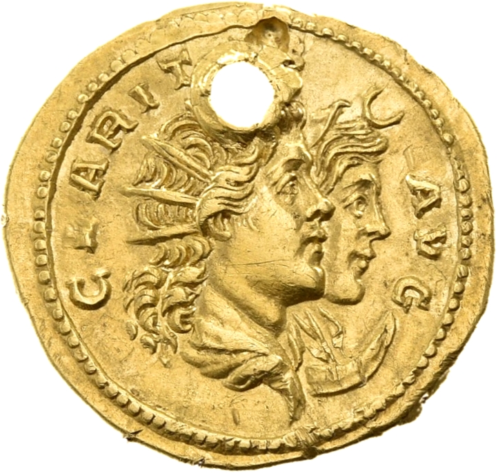 RIC V Postumus 260 Postumus reverse, Jugate busts of Sol, radiate, draped, right, and Luna, with crescent in hair, draped,...