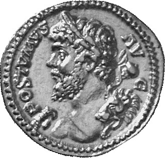 RIC V Postumus 268 Postumus obverse, Bust of Postumus, laureate, draped, left, holding lion's skin and club