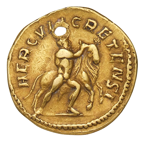 RIC V Postumus 272 Postumus reverse, Hercules, running right, conquering Cretan bull
