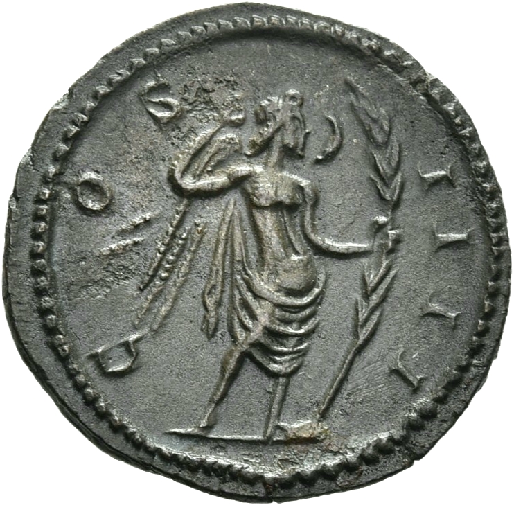 RIC V Postumus 287 Postumus reverse — Victory, winged, draped, standing right, holding wreath in right hand and palm in le...