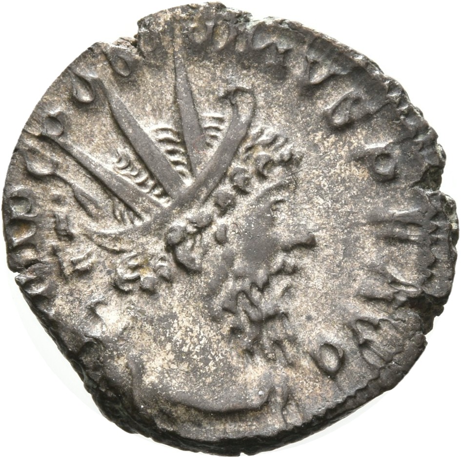 RIC V Postumus 289 Postumus obverse — Bust of Postumus, radiate, draped, right, or bust of Postumus, radiate, draped, cuir...