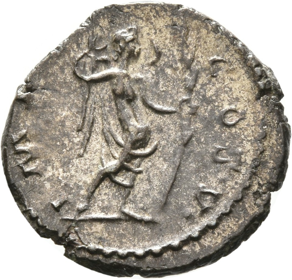 RIC V Postumus 289 Postumus reverse — Victory, winged, draped, standing right, holding wreath in right hand and palm in le...