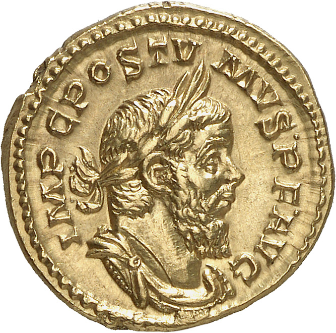 RIC V Postumus 29 Postumus obverse, Bust of Postumus, laureate, draped, cuirassed, right