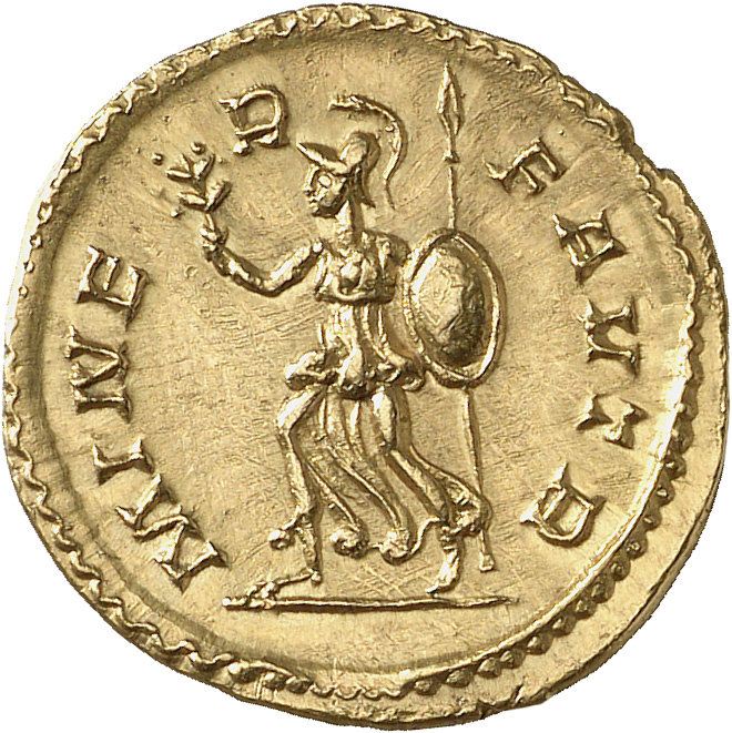 RIC V Postumus 29 Postumus reverse, Minerva, helmeted, draped, running left, holding olive-branch in right hand and spear ...