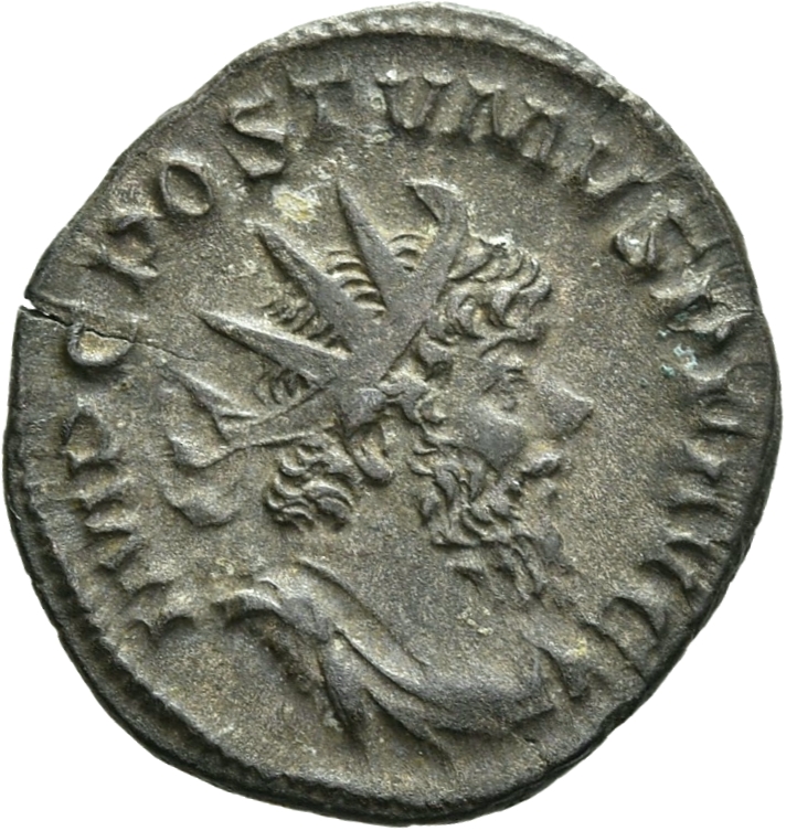 RIC V Postumus 311 Postumus obverse — Bust of Postumus, radiate, draped, right, or bust of Postumus, radiate, draped, cuir...