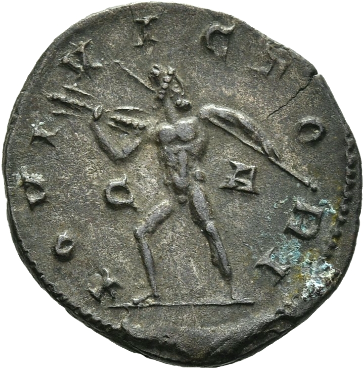 RIC V Postumus 311 Postumus reverse — Jupiter, walking left, holding sceptre in right hand and thunderbolt in left hand