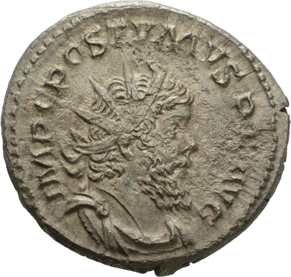 RIC V Postumus 318 Postumus obverse, Bust of Postumus, radiate, draped, right, or bust of Postumus, radiate, draped, cuira...