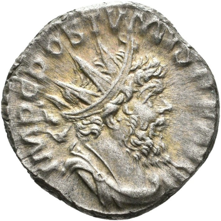 RIC V Postumus 318 Postumus obverse — Bust of Postumus, radiate, draped, right, or bust of Postumus, radiate, draped, cuir...