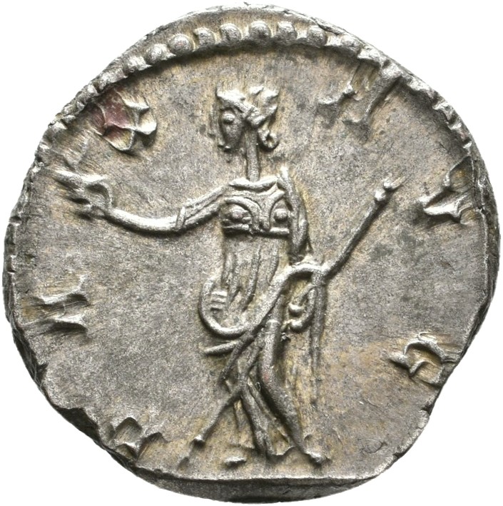 RIC V Postumus 318 Postumus reverse — Pax, draped, standing left, holding olive-branch in right hand and sceptre in left hand