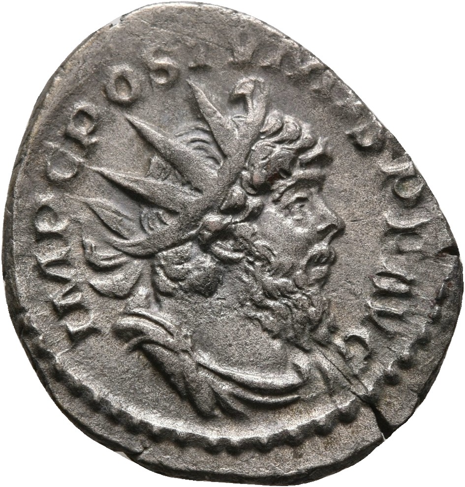 RIC V Postumus 328 Postumus obverse — Bust of Postumus, radiate, draped, right, or bust of Postumus, radiate, draped, cuir...