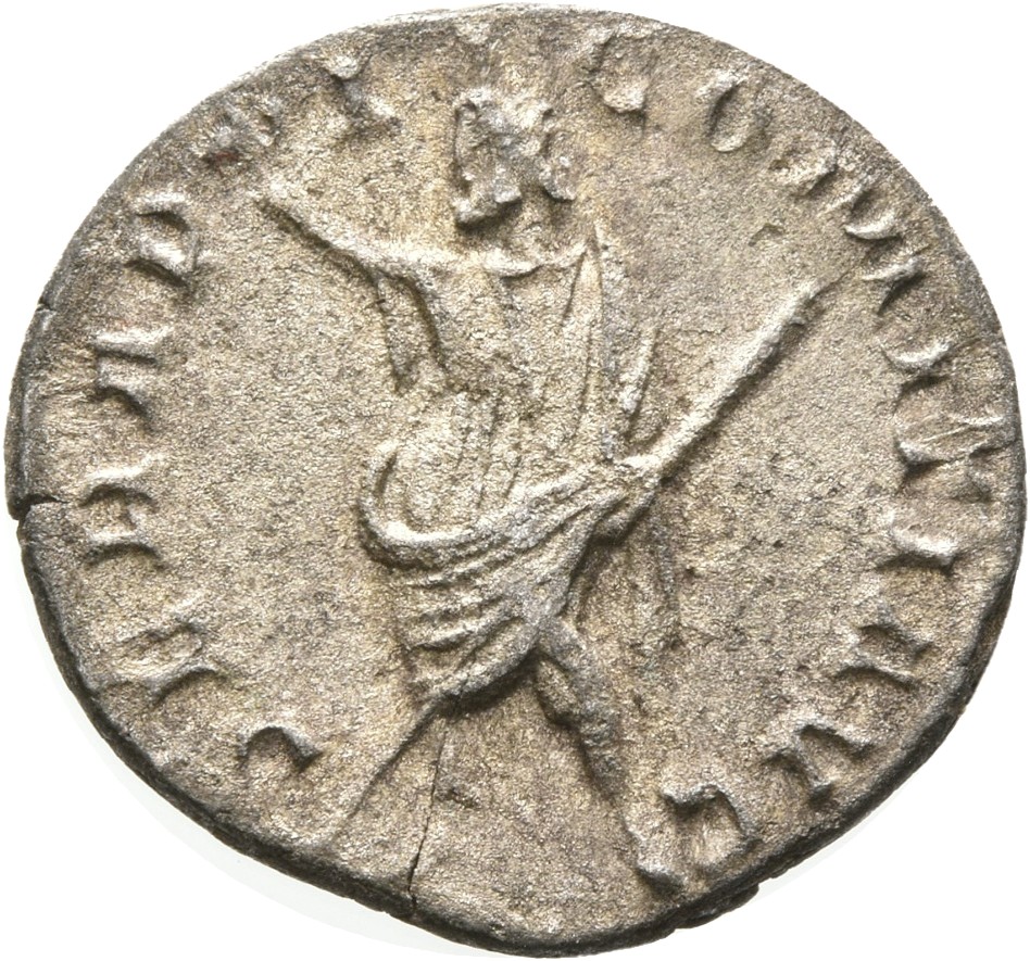 RIC V Postumus 329 Postumus reverse — Serapis, draped, standing left, raising right hand and holding sceptre in left hand;...