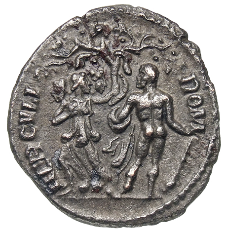 RIC V Postumus 351 Postumus reverse, Hercules, standing left by tree in the garden of Hesperides; surrounding the tree, th...