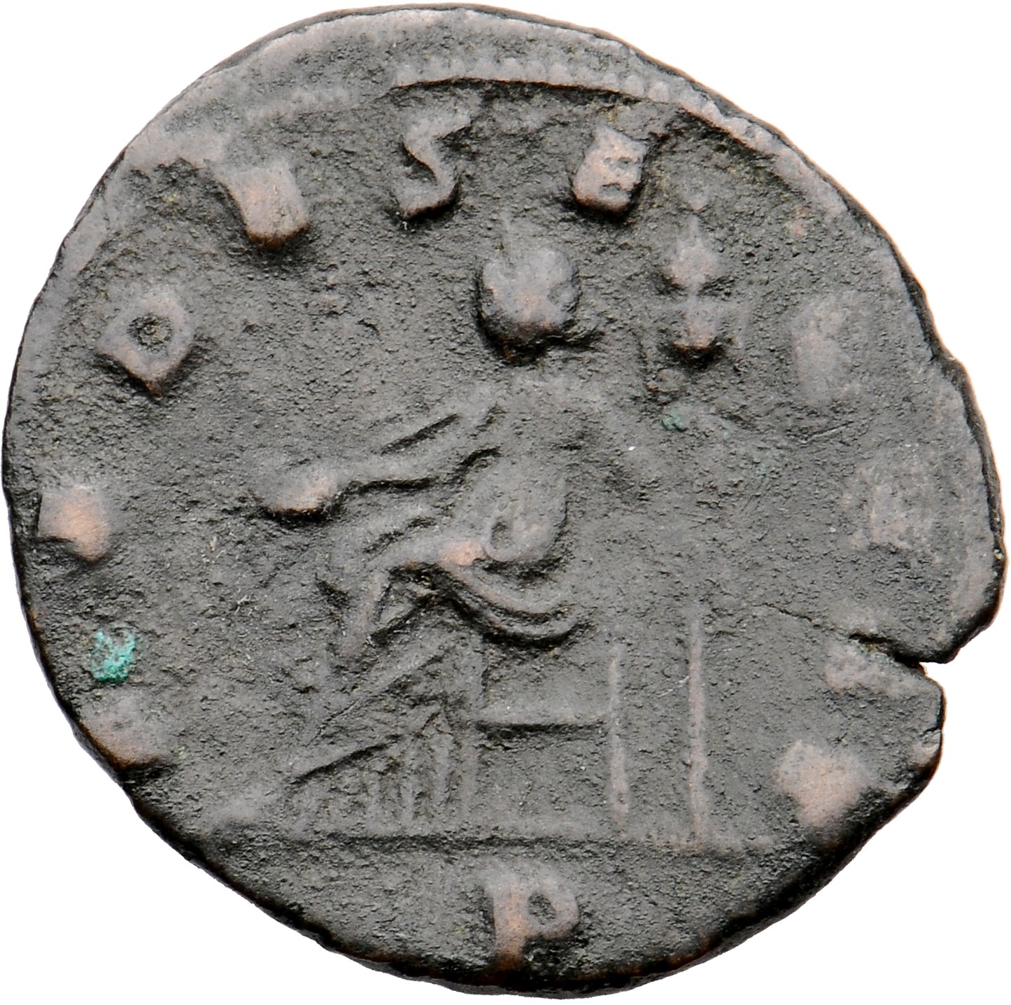 RIC V Postumus 378 Postumus reverse, Fides, draped, seated left, holding patera in right hand and ensign in left hand