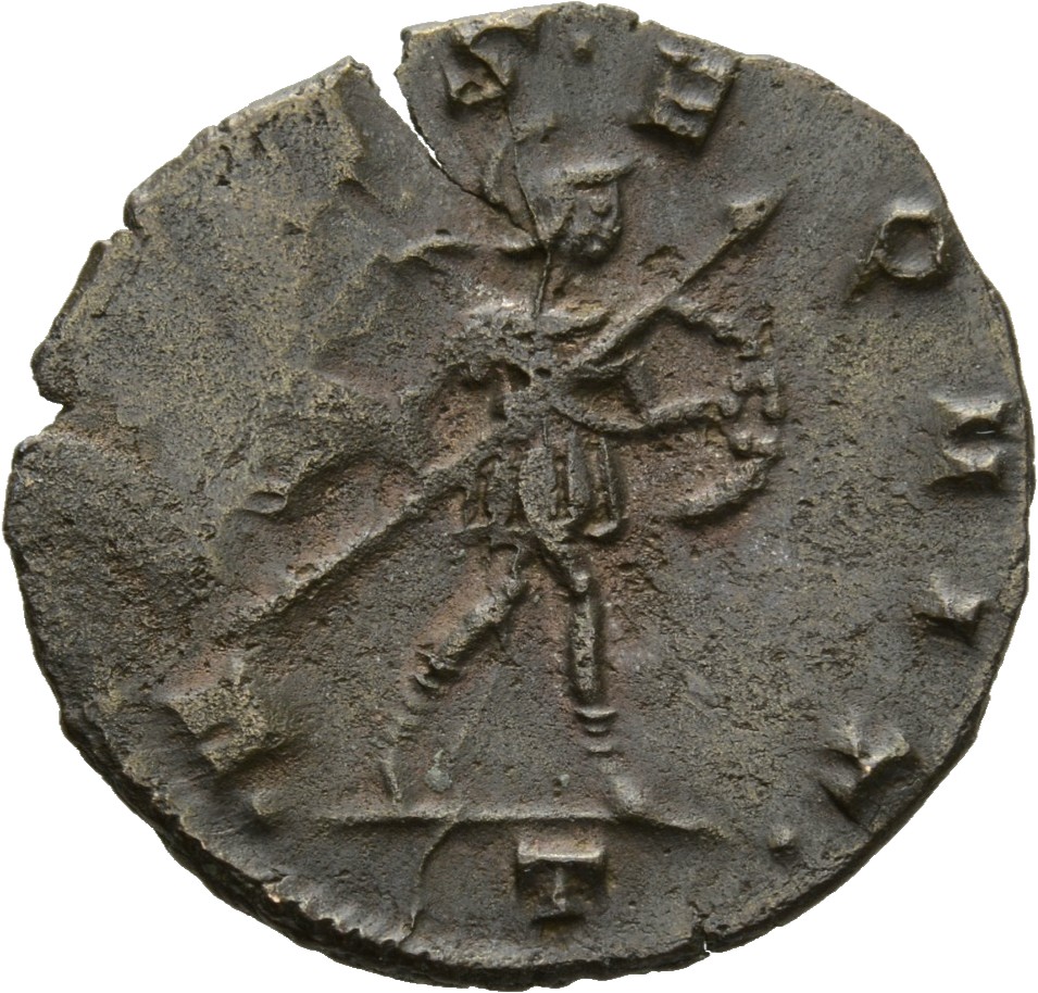 RIC V Postumus 388 Postumus reverse, Mars, walking right, holding spear in right hand and shield in left hand