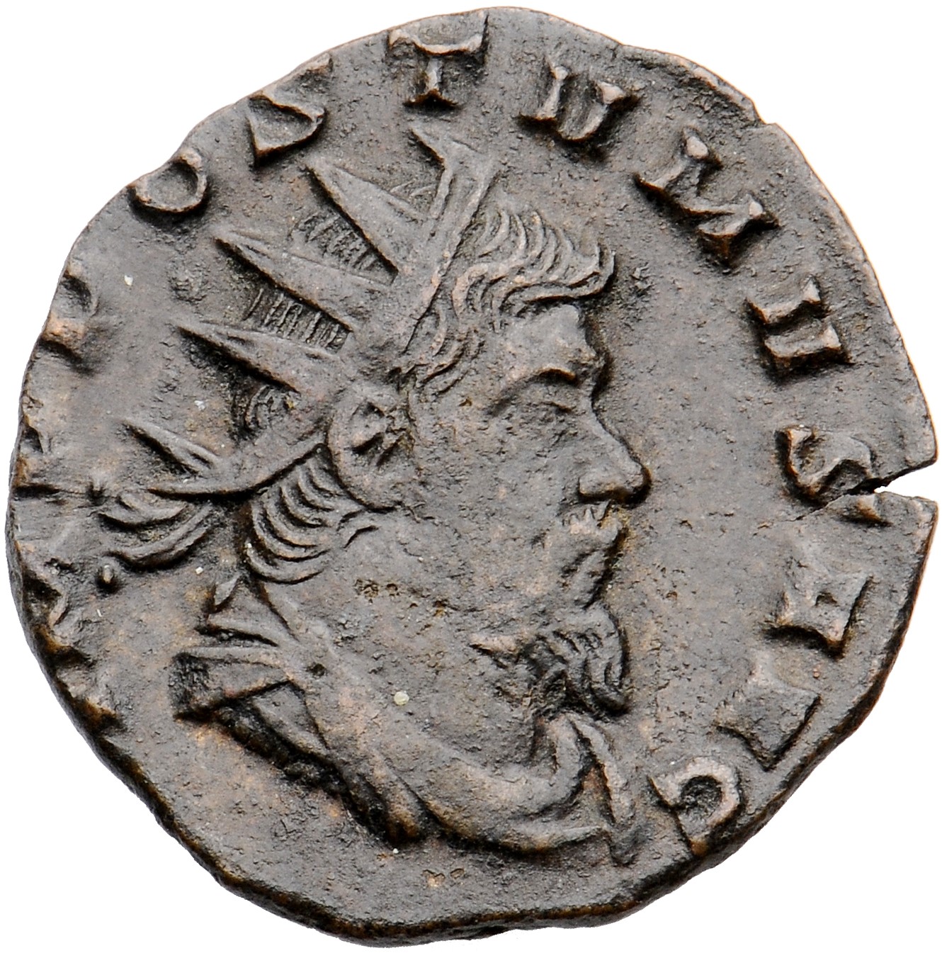 RIC V Postumus 388 Postumus obverse, Bust of Postumus, radiate, draped, cuirassed, right