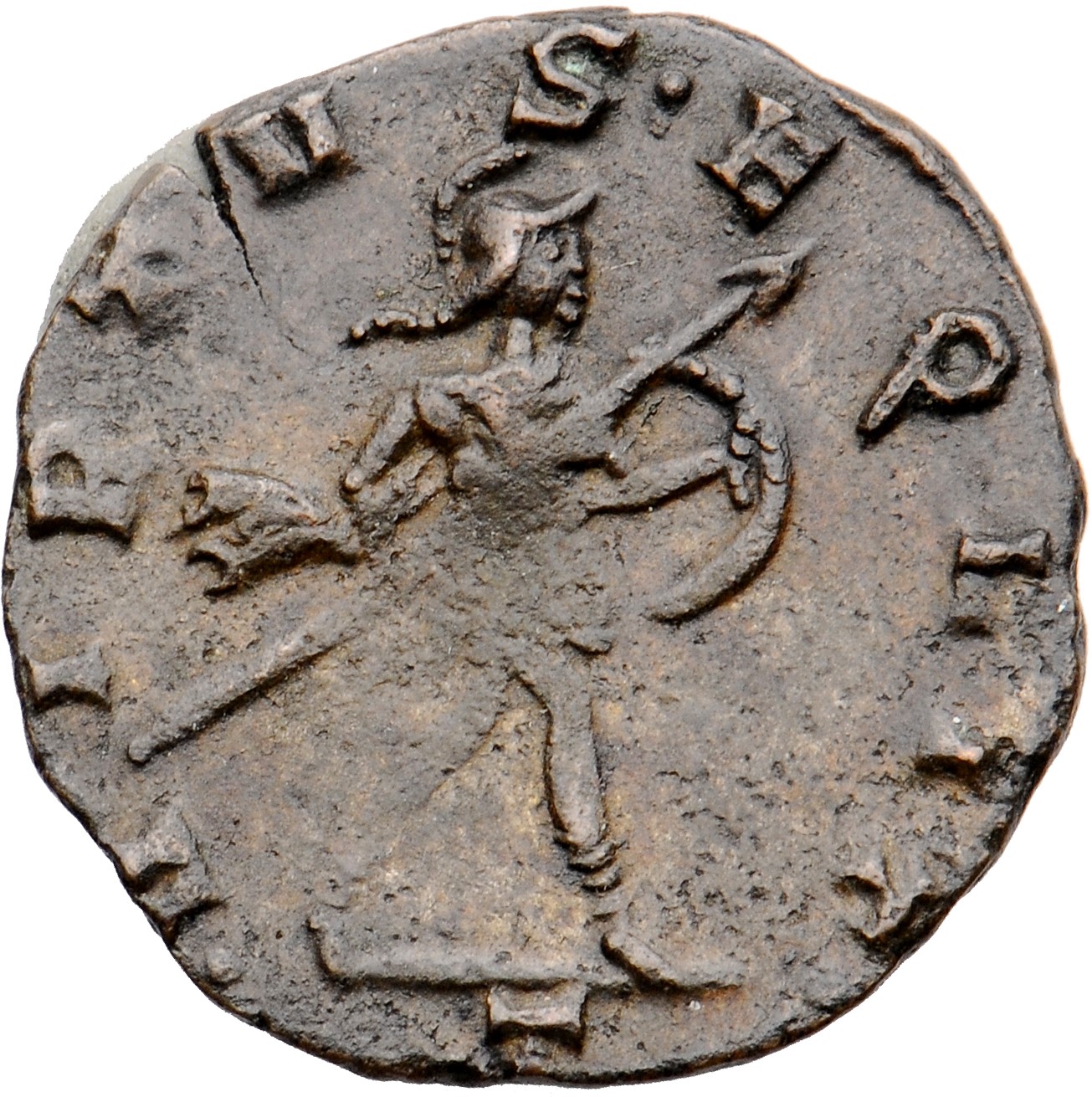 RIC V Postumus 388 Postumus reverse, Mars, walking right, holding spear in right hand and shield in left hand
