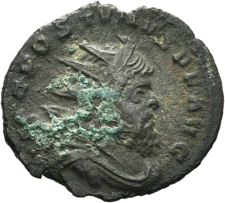 RIC V Postumus 389 Postumus obverse, Bust of Postumus, radiate, draped, right, or bust of Postumus, radiate, draped, cuira...