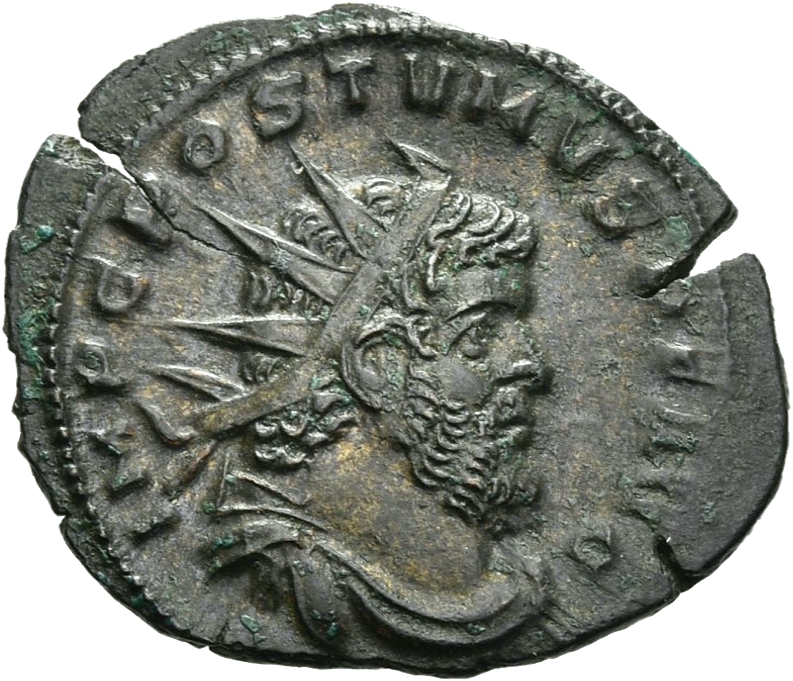 RIC V Postumus 389 Postumus obverse, Bust of Postumus, radiate, draped, right, or bust of Postumus, radiate, draped, cuira...
