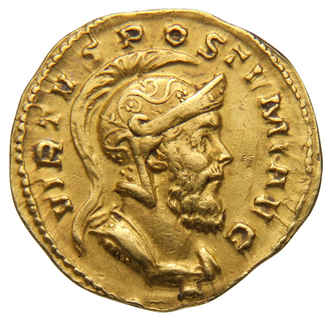 RIC V Postumus 40 Postumus obverse, Bust of Postumus, helmeted, cuirassed, right