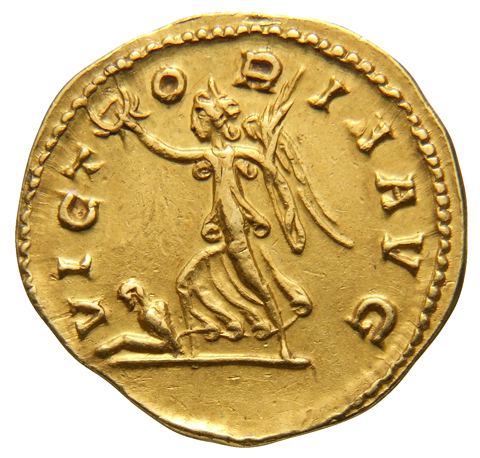 RIC V Postumus 40 Postumus reverse, Victory, winged, draped, walking left, holding wreath in right hand and palm in left h...