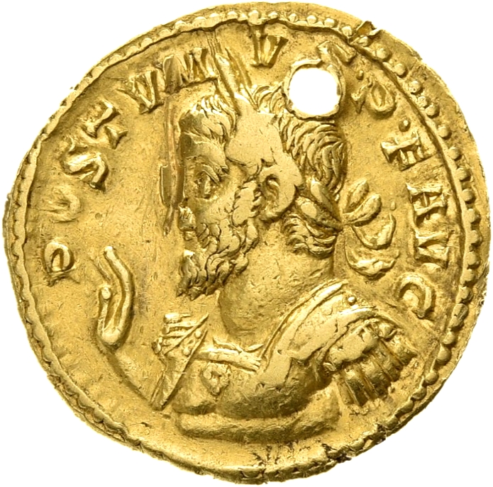 RIC V Postumus 46 Postumus obverse, Bust of Postumus, laureate, cuirassed, left, raising right hand