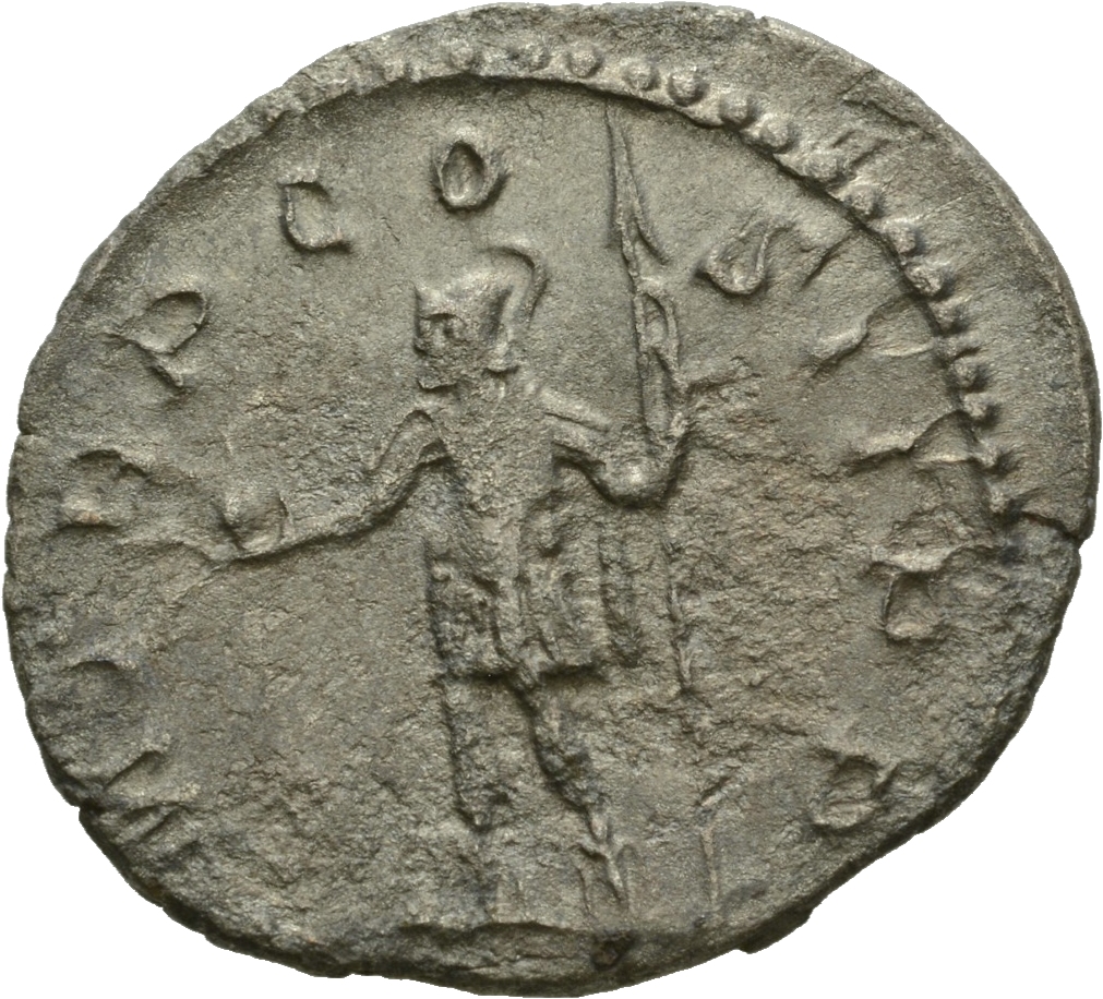 RIC V Postumus 54 Postumus reverse, Postumus, draped, cuirassed, standing left, holding globe in right hand and spear in l...