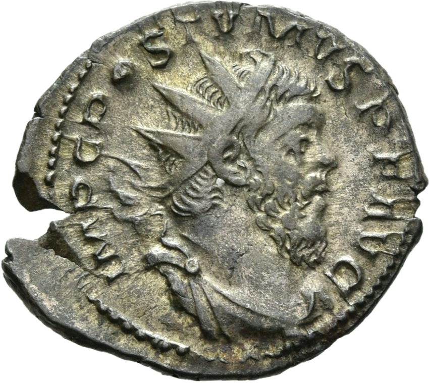 RIC V Postumus 54 Postumus obverse, Bust of Postumus, radiate, draped, right, or bust of Postumus, radiate, draped, cuiras...
