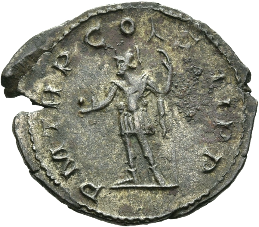 RIC V Postumus 54 Postumus reverse, Postumus, draped, cuirassed, standing left, holding globe in right hand and spear in l...