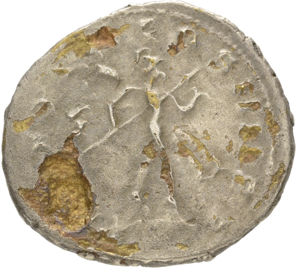 RIC V Postumus 57 Postumus reverse, Mars, walking right, holding spear in right hand and trophy in left hand