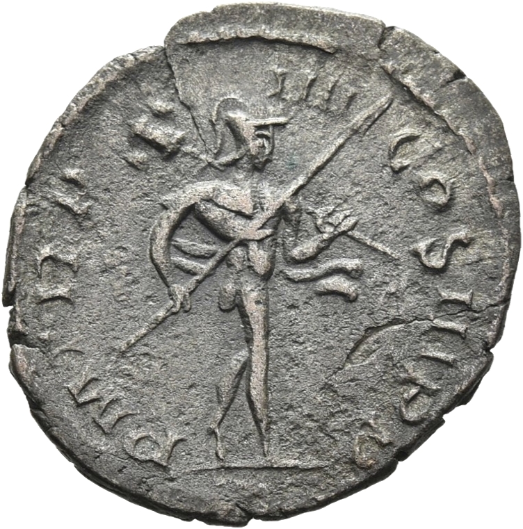 RIC V Postumus 57 Postumus reverse, Mars, walking right, holding spear in right hand and trophy in left hand