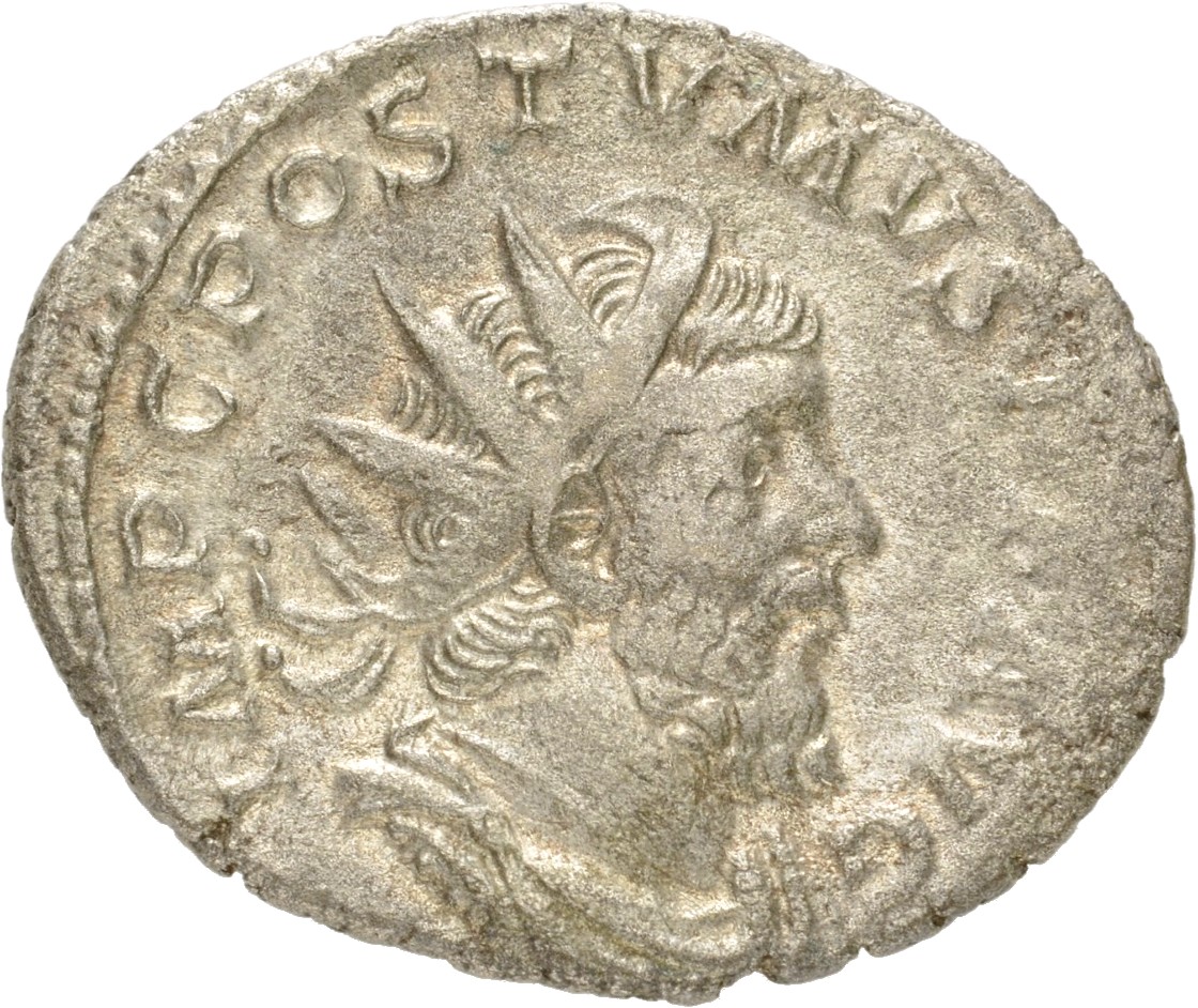 RIC V Postumus 59 Postumus obverse, Bust of Postumus, radiate, draped, right, or bust of Postumus, radiate, draped, cuiras...