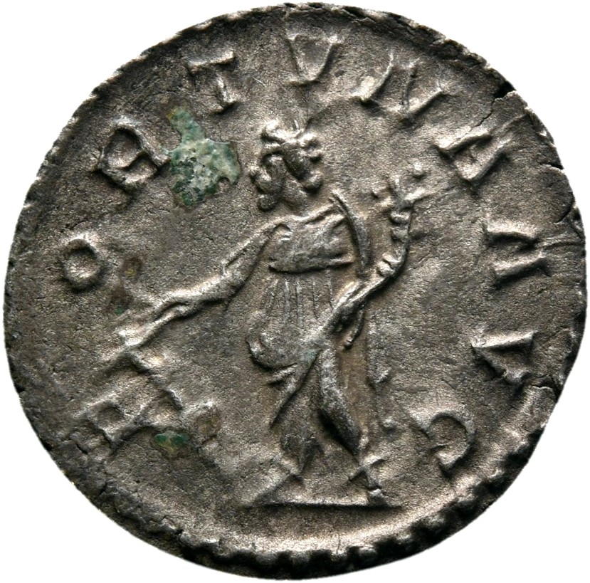 RIC V Postumus 60 Postumus reverse, Fortuna, draped, standing left, holding rudder in right hand and cornucopiae in left hand