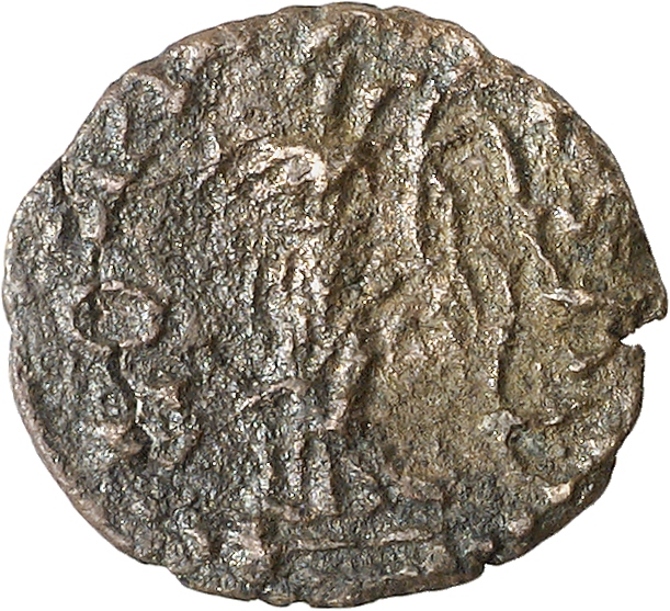 RIC V Postumus 60 Postumus reverse, Fortuna, draped, standing left, holding rudder in right hand and cornucopiae in left hand