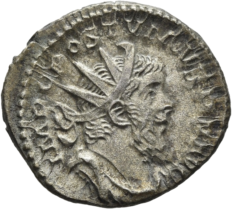 RIC V Postumus 62 Postumus obverse, Bust of Postumus, radiate, draped, cuirassed, right