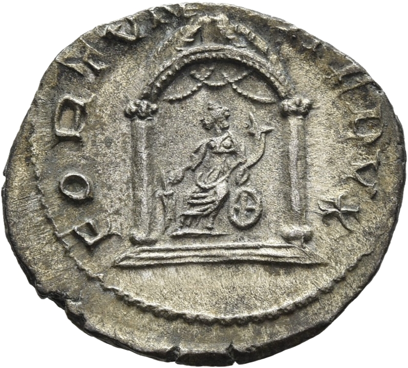 RIC V Postumus 62 Postumus reverse, Fortuna, draped, seated left on wheel in temple, holding rudder in right hand and corn...