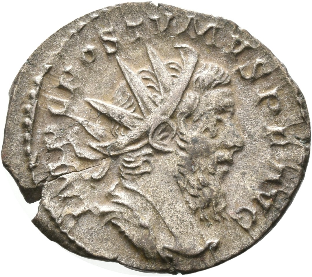 RIC V Postumus 67 Postumus obverse, Bust of Postumus, radiate, draped, right, or bust of Postumus, radiate, draped, cuiras...